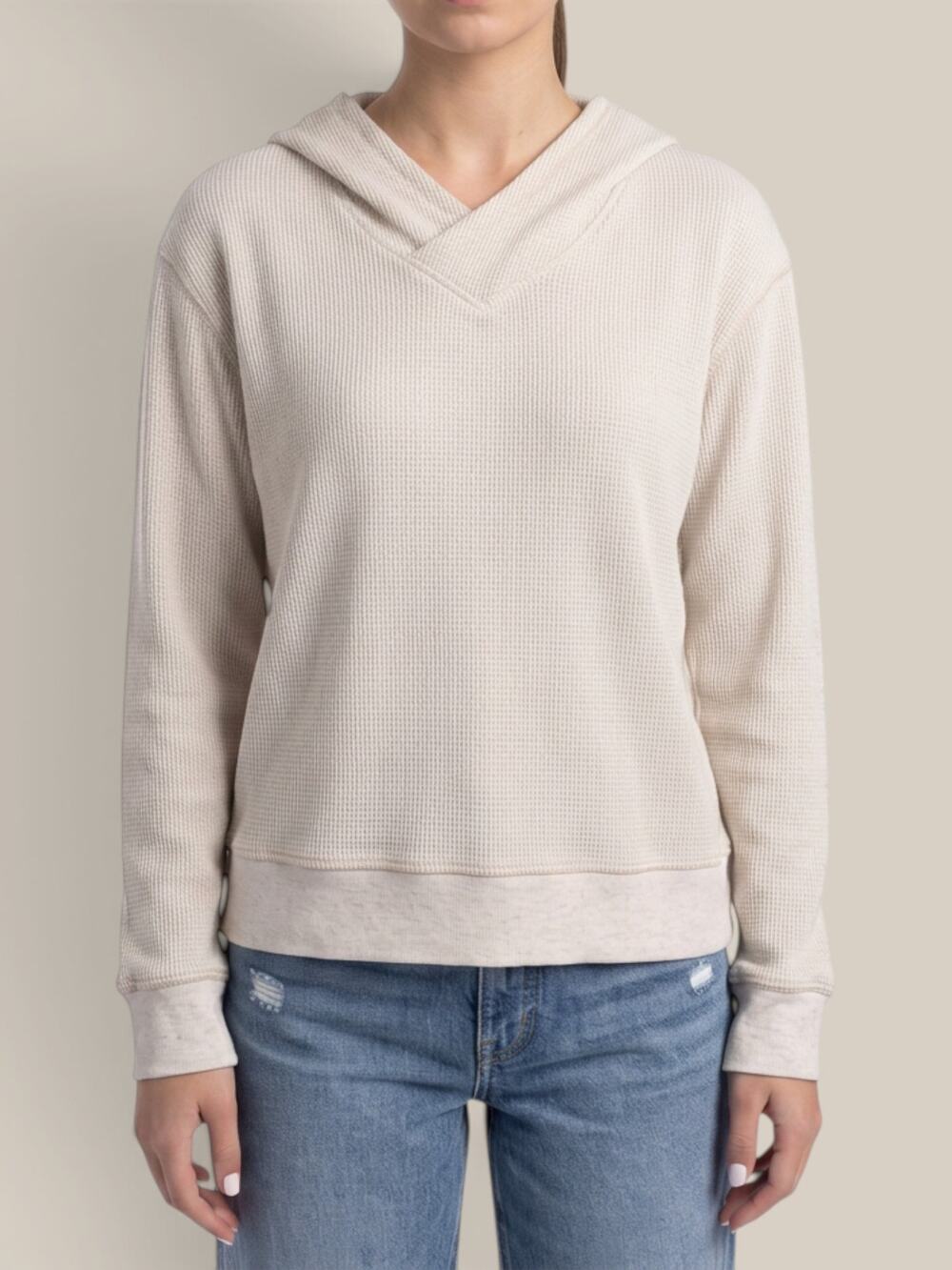 Stars Above Waffle Knit Crossover Hoodie Cream Relaxed Fit Sz XS